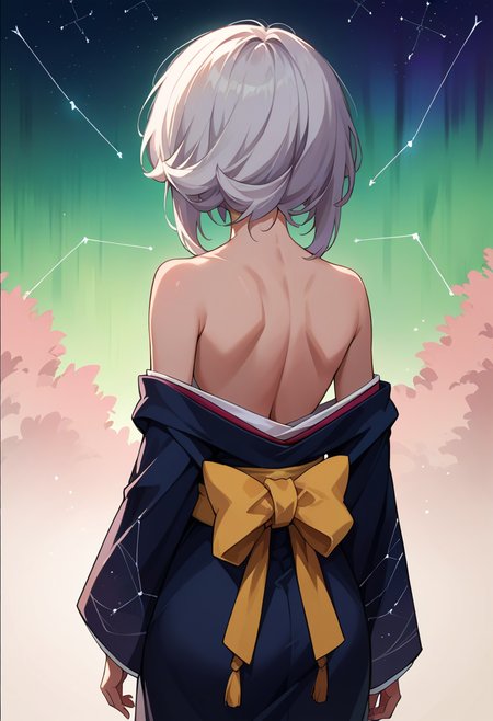 score_9, score_8_up, source_anime, 1girl, solo, ElenaArshavina, white hair, medium hair, hair over one eye, sidelocks, aurora, back, bare back, bare shoulders, constellation, from behind, kimono, light particles, long sleeves, off shoulder, <lora:ChamElenaArshavinaPonyXL:1>