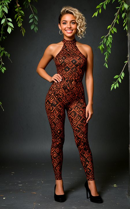 <lora:pytorch_lora_weights_361535:1>,(full body photo:1.4),(full body:1.4),(full shot:1.4),(full body shot:1.4),,A 26 year old Somali Woman,[[[green eyes,eyebrow piercing,long,Light blonde kinky hairs,Curly Ponytail cut,   effect ,Excited expression, Wide eyes, big grin, raised eyebrows,Glittery bronze eyeshadow with a dramatic cat eye and a rich plum lipstick]]],mocha skin,(average body:1.1),,medium Perky breasts,Dressed in create powerful and varying colors patterns Wine Red and Black Chevron Yoga Outfit, (shoes:1.2),,an idyllic lakeside scene with a charming waterfall, where colorful foliage surrounds the water, enhancing the romantic and peaceful mood,A vibrant summer night filled with the sounds of nature. The moon casts a silvery glow over everything, creating a magical and serene atmosphere perfect for reflection,, score_9, score_8_up, score_7_up