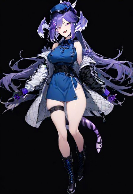 masterpiece, best quality, ultra-detailed, beautiful, nai3, 1girl, solo, full_body, tachi-e, 
selen tatsuki, boots, dress, tail, dragon tail, hat, blue dress, official alternate costume, dragon girl, sleeveless, ponytail, belt, smile, gloves, long hair, breasts, open mouth, very long hair, thigh strap, simple background, hair ornament, jacket, bangs, hairclip, fang, wings, black footwear, looking at viewer, black belt, pointy ears,