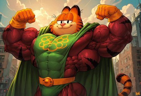 score_7, score_8, score_9, dynamic lighting, detailed background, detailed face, detailed character, background is city, city skyline, rooftop, clouds, shot from below
BREAK
single character, ((Solo)), anthro, furry male, (Garfield), orange fur, black stripes, pink animal nose, black eyes, black ear tips, black whiskers, narrow waist, wide hips, massive pecs, toned body, fit body, extremely muscular, big muscles, (huge muscles), big biceps, huge biceps, hyper muscles, extreme muscles, hyper biceps, extreme biceps
BREAK 
standing, looking at viewer, smiling, flexing both arms, flexing both biceps, ((green and purple body suit)), green cape, yellow belt, yellow gloves, cat paw logo on chest