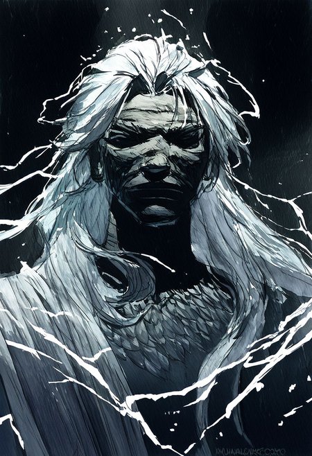 score_9, score_8_up, score_7_up, Watercolor painting, charcoal sketch, Calcharo, wuthering waves, looking at camera, surrounded by white electricity, detailed, masterpiece, black background