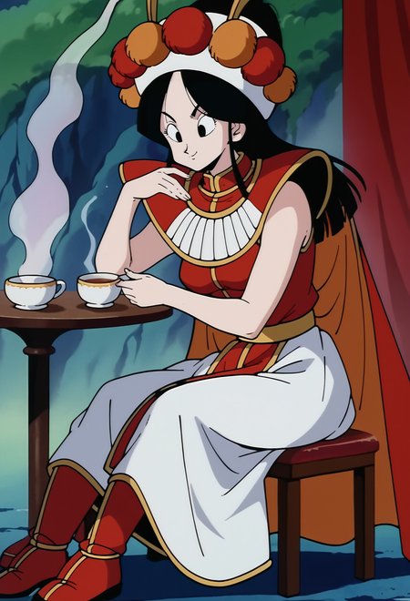 score_9,score_8_up,score_7_up,score_6_up, BREAK annin, retro artstyle, 1girl, solo, black hair, black eyes, medium breasts, red vest, white skirt, red shoulder armor, white headband, pom pom \(clothes\),fake antennae,red cape,looking at viewer,, blue cliff,blue wall, fog, sitting,on chair,table, holding cup, pastry,red pelvic curtain,orange antennae, red boots,blue ground,tea,food,(from side:0.7),white armor vertical stripes,  <lora:AnninPonyV2:1>