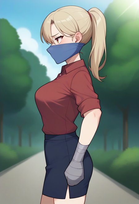 score_9,score_8_up,score_7_up,score_6_up,score_5_up,score_4_up, BREAK
1girl, office lady, collared shirt, pencil skirt, (medium breasts):1.2, ponytail, 
outdoors, nature, day, sunlight, horizon, solo, cowboy shot, from side, clenched hands, (arms at sides):1.3,
tapedhand, taped hands, taped fingers, over the nose gag, gagged,
<lora:tapedhandsponyxl-07:1>  <lora:otngagponyxl:1>