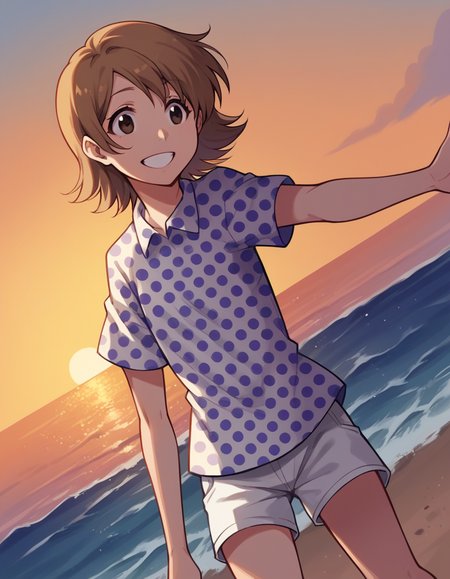 score_9, score_8_up, score_7_up, source_anime, <lora:yuzu-kurosaki-anime-ponyxl-lora-nochekaiser:1>, yuzu, short hair, brown hair, brown eyes,, shirt, short sleeves, shorts, polka dot, white shorts,, beach, sunset, walking along shore, footprints in sand, waves, peaceful, smile, , hand reaching forward, knee up, arm down, solo,, cowboy shot, dutch angle