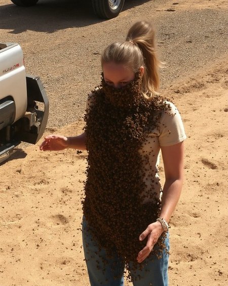 Kaos, This photograph captures a candid moment of a young woman, likely in her late teens or early twenties, being swarmed by bees. She is positioned outdoors, likely in a rural or suburban setting, as evidenced by the sandy, gravelly ground and the presence of a vehicle, partially visible on the left side of the image. The woman has light brown hair pulled back in a ponytail and is wearing a beige t-shirt and blue jeans. She appears to be leaning forward, possibly in an attempt to shield herself from the bees, which are densely covering her face and upper body. Her expression is obscured by the bees, but her arms are extended and her body language suggests discomfort or surprise.