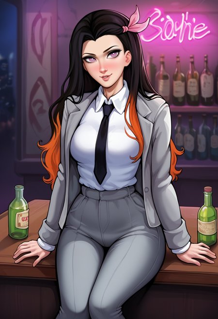 score_9, score_8_up, score_7_up,score_6_up, BREAK ict style,nose, lips,nezukob,1girl, solo,cowboy shot, black hair,two-tone hair, purple eyes, orange hair, white pupils, long hair,grey suit,grey jacket, white collared shirt,grey pants, black necktie,pink hair ribbon,medium breasts,indoors,bar,neon sign,shelf,bottle, smile,sitting, contrapposto  <lora:AromaSenseiPony:1> <lora:NezukoPony_v2:0.8>