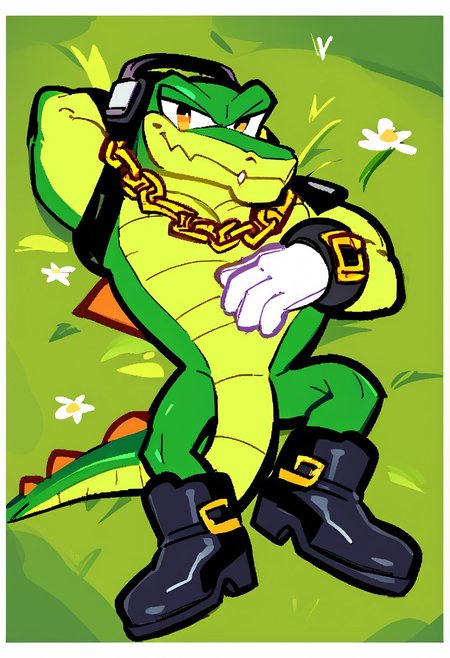 (((beautiful, high quality))), score_9, score_8_up, score_7_up, score_9, score_8_up, score_8, 2d, absurd_res, hi_res, easynegative,Vector the crocodile,headphones, gold chain necklace, white gloves, black boots, male, (solo:1.3), looking at viewer, shiny body, grass field background, laying on his back, hand behind head, hand on grass, thick lineart, white borders around character, tail, happy,