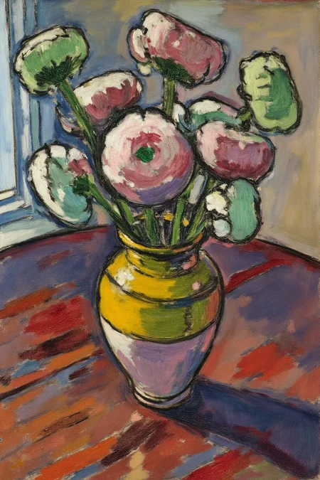 henrylymansayen1 painting.
A still life with a yellow and green vase filled with pink and green flowers. The vase sits on a wooden surface with a multicolored pattern in red, blue, and purple. A window with a light blue frame is in the background, letting in light. <lora:henrylymansayen1_cap_d6a3:1.0><lora:861461171583113587:0>
