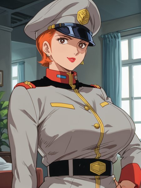 zPDXL, score_9, score_8_up, score_7_up, best quality, source anime, rating explicit,
 <lora:FGMatildaAdjan:0.8>, FGMatildaAdjan, brown eyes, short hair, hair slicked back, orange hair, lipstick, huge breasts, peaked cap, grey headwear, military uniform, grey jacket, belt, white pants, looking at viewer, seductive smile, bedroom, indoors