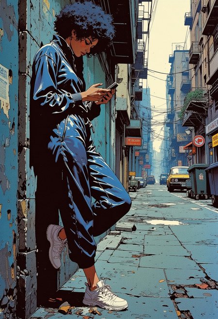 A full-page scan of an old fashion magazine featuring A black woman leaning with her back at a dark concrete-wall of a street slum, looking down on hear smartphone, dark afro hairdo, She is wearing a shiny dark blue acetate track suit, and white sneakers, The walls of the street are, old, dirt. The  perspective shows a town street with some cars parked and garbage bins. Low light from the side, in the style of 1960s fashion