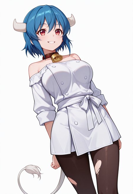 Smooth Quality,masterpiece,very intricate, high quality details, ultra realistic, high detailed skin,detailed enviorement,absurdres,
slit throat,
 <lora:Minos_CNR:0.8> minos_cnr,  1girl, blue hair, short hair, bangs,red eyes, cow girl, cow horns, cow tail, large breasts,, grin,, simple background, white background, dutch angle,solo,, off-shoulder blouse,  ,chef coat,  ,torn pantyhose,  ,