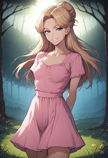 safe_pos, score_9, score_8_up, score_7_up, solo, blonde hair, long hair, small breasts, (mature face:1.1) volumetric lighting, perfect lighting, outdoor lighting, outdoors, forest, trees, grass, ethereal flowers, detailed background, pink dress, standing, (cowboy camera shot:1.2), mischievous smirk, smirk, short sleeves, (looking at viewer:1.1), standing, legs, hands behind back, blue eyes, lhata4564,