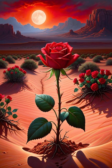 magic realism art by Mark Keathley, Painting, a beautiful red rose sprouting an arid red desert landscape lit up by moonlight <lora:sdxl\add-detail-xl> <lora:sdxl\xl_more_art-full_v1:0.3>,  exploration of environmental and social issues,  cybernetic enhancements,  dramatic realism,  detailed and atmospheric compositions