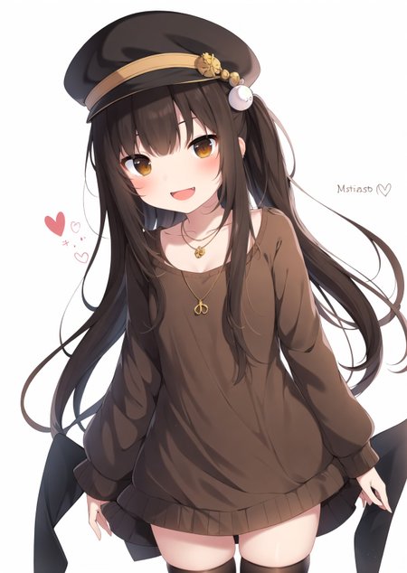 1girl, solo, thighhighs, hat, long hair, brown hair, black thighhighs, open mouth, smile, brown eyes, sweater, :d, blush, necklace, jewelry, looking at viewer, dress, white background, simple background, zettai ryouiki

<lora:amaki_natsuki-loha-v1.0:0.7>, (masterpiece,best quality)