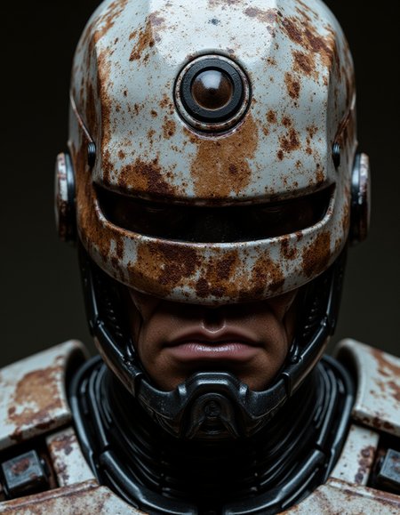 ((A close-up portrait)) Robocop, a dilapidated cyborg with mechanical armor, stained with blood and dust. Detailed metal textures, scars, damaged implants. Futuristic dystopian atmosphere, aggressive lighting with cold glare. Darksyber aesthetic, photorealistic style, , A close up view of the face of a robot. The robot's face is covered in brown and white paint. The eyes of the robot are covered in dark brown paint. There is a large circle in the center of the head that is black in color. There are ridges of the metal around the robot's neck and around the neck. The figure's neck is made up of a series of ridges and bumps that run vertically. The face of the figure is covered by the intricate paint.