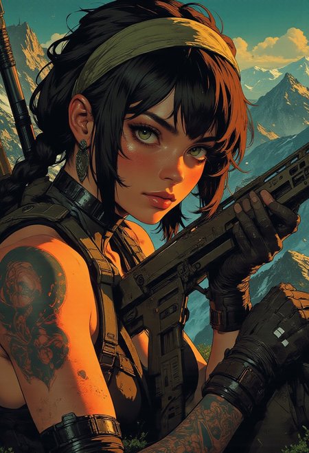 In the style of ff-td, nistyle, Silhouette Art, magnificent, crisp lines, closeup portrait of stunning mercenary, mountain top, overlooking a huge valley, beautiful girl, breasts, curvy, looking at viewer, laying on the ground, aiming a sniper rifle, dark braided hair, backwards hat, armor, sleeveless, arm sleeve tattoos, muscle tone, dogtags, sweaty, foreshortening, depth of field, at night, night, 
Closeup, detailed face, freckles,