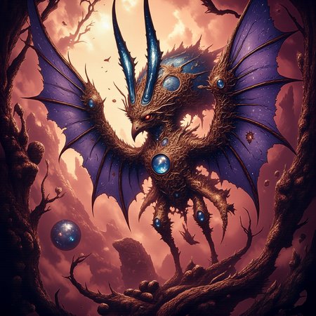 highly detailed, intricate, detailed background, famous artwork inspired by (jordan grimmer:1.3) and (anne bachelier:1.1) and (roger dean:1.3), dark fantasy style, fractal art, the "overly polite grouchwump" is an astonishing esoteric creature with swallorfluxed delicate wings, it is well camouflaged amidst the misty zorbgaffeling (skyborne islands:1.3) and (cloud-reefs:1.3) of the (hypnotic planet:1.4) "crimson colossus", golden ratio, in the style of ck-ovf, amanoer, arsmjstyle, dnddarkestfantasy, aidmamj6.1, 
<lora:style-oneviolentfantasy-ep21-flux-by_chronoknight:0.36> 
<lora:style-yoshitaka_amano-elden_ring-flux-by_alicient:0.32> 
<lora:style-dnd_dark_fantasy-flux-by_arsmachina:0.8> 
<lora:midjourney_61-v0.4-flux-by_aidma:0.76> 
<lora:faetastic_details-flux-by_faeia:0.6>
