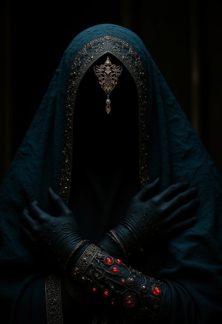 In this captivating dark fantasy portrait, a mysterious veiled queen stands proudly, exuding an aura of power and silent command. Her face, partially obscured by an enigmatic veil, is shrouded in shadow and intrigue. The queen's ornate crown, adorned with striking crimson details, contrasts against the deep teal and black color palette. The low-key lighting creates a dramatic atmosphere, with shadows adding depth to the exquisite textures of her regal attire. The background is dark and mysterious, heightening the sense of secrecy and allure. The cinematic style, achieved through a shallow depth of field and high ISO for grain, combined with a 85mm lens, captures the queen's regal presence in a realistic yet dreamlike manner., dark fantasy, cinematic