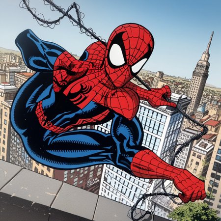 Erik Larsen Pencil Style,core_9, score_8_up, score_7_up, score_6_up,detailed,masterpiece,8k, spider web, city, city skyline,outdoors, 1boy, spider-man, holding web, spider-man pose, spider webs, webs, webswinging