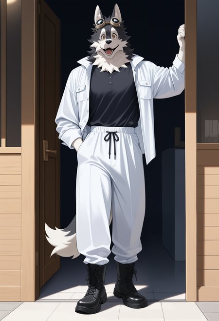 masterpiece,best quality,amazing quality, 1boy, solo, y0k1, dog boy, goggles, goggles on head, brown eyes, black fur, black shirt, white open shirt, shirt tucked in,  white pants, black drawstring, knot, black boots, full body, outside,