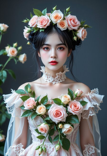 (Zhan Yihung V2:1.4),((black hair:1.2)),((double bun:1.1)),a symmetrical front view,close up shot,soft grey studio backdrop,capturing intricate textures and photo-realistic lighting,
A photo of a young Asian woman as a haunted flower witch,with a gown made of ghostly white petals and her hat decorated with roses that glow faintly. She stands in an ancient garden,her gaze calm and haunting. Shot with a 50mm lens,the moonlight casts a gentle glow,highlighting the details of her floral attire.,
<lora:Fiatist_Skin:0.1>,<lora:Zhan_Yihung_v2:1.5>,<lora:midjourney_whisper_flux_lora_v01:0.5>,<lora:Halloween_portrait_flux:1>,