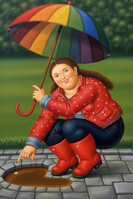fernandobotero1 painting.
A young woman, angled from slightly above and to the right, crouching low to the ground in a puddle. The young woman is wearing bright red rubber boots and a red jacket with white polka dots. The jacket sleeves are pushed up to reveal blue cuffs. The young woman also wears dark blue jeans and has a smile on her face as she extends her right index finger to touch the water in the puddle. Above the young woman is a large, open umbrella with rainbow-colored panels and a red handle. The ground is wet and paved with grey stones, reflecting the sky and umbrella. The background is slightly blurred, showing hints of green grass and trees. The lighting is overcast and diffused, typical of a rainy day.
 <lora:fernandobotero1_cap_d6a3e7:1.0><lora:840274381394483206:0>