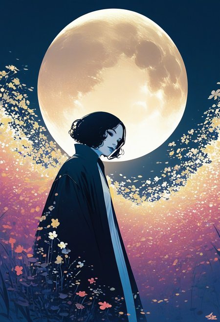 zPDXL3, 1woman, robe, moon, flowers, white skin, highly detailed,   high resolution, best quality, sharp quality,  clear quality, High-definition, smooth image, bright colors, vibrant colors, clean lines,