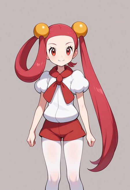 1girl, solo, mira (pokemon), smile, very long hair, pink hair, red hair, hair rings, twintails, hair beads, asymmetrical hair, tied hair, red eyes, red scarf, white shirt, puffy short sleeves, red shorts, short shorts, white pantyhose, legwear under shorts, thighs, standing
