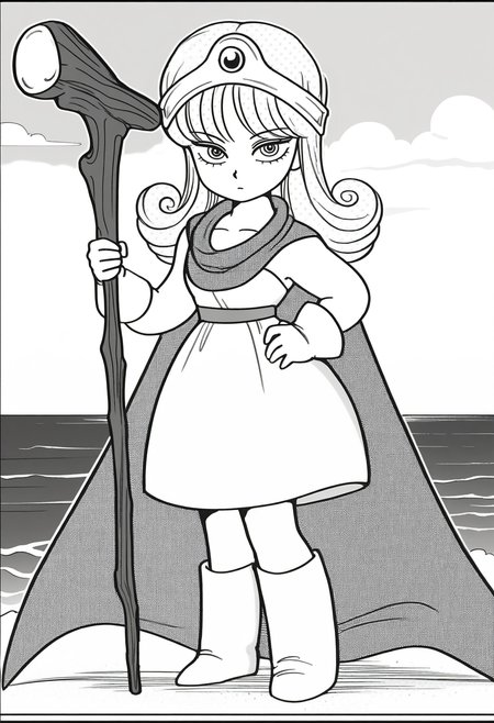masterpiece, best quality, amazing quality, <lora:kr_sage_IL1.6:1>, monochrome, greyscale, screentones hair, kr_sage, 1girl, long hair, curly hair,
gloves, dress, cape,holding staff,
looking at viewer, 
BREAK beach, sky, cloud, sunlight,