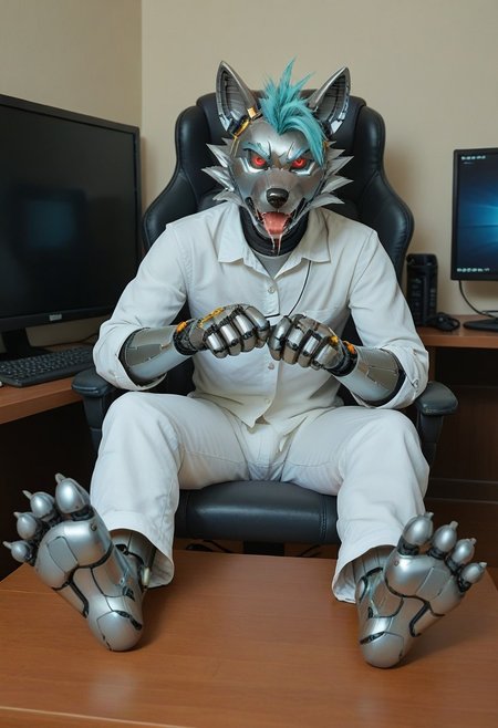 (((Barefoot furry character, full body, cinematic setting, furry male, plantigrade))), (((computer screens with green code, monitors with matrix code, displays with matrix design))), matrix.
(((Gilliam))), wolf boy, (((white pajama))), ((wired on his head, being hacked, being corrupted, being reprogrammed, brainwashed, hypnotised)), sitting, spread legs, m pose, footpose, nice metalic feet paws, ((nice robotic feet paws)),  three toes, claws, pawpad, (((restrained))), (((head tilted to the side, open mouth, dumb face, drooling)))
BREAK
(((gilliam wolf, evil eye, sharp, red fluff tail, cyan hair, robot, cybernetic wolf, metallic))), 
BREAK, intricate details, highly detailed, extreme detail, octane render, fine art, best quality, highres, (detailed face:1.5), ((full_body)), UHD, (((perfect hands))), low light
