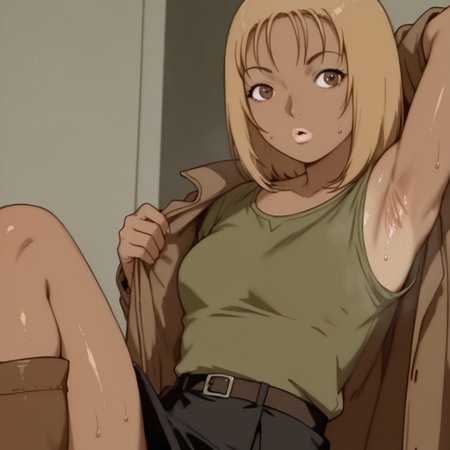 gygirl, 1girl, solo, short blonde hair, bangs, pink lips, brown eyes, tanned skin, closed brown jacket, green shirt, black skirt, brown boots
gygirl taking off her jacket and showing her armpit, sweaty armpits