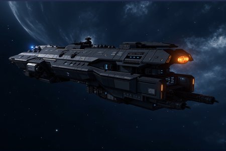 <lora:SpaceCraft_v.1:0.8> SPCCRFT style. The OPL-04 "Ophelia", a sleek and formidable starship, cuts through the vastness of deep space with an imposing, angular profile that exudes tactical precision and advanced engineering. Its dark metallic hull, adorned with geometric paneling and reinforced armor plating, reflects the cold, distant starlight, while subtle blue and amber illumination accentuates key structural elements. The vessel's elongated, streamlined design suggests a focus on speed and maneuverability, reinforced by finely detailed propulsion systems at the rear that emit a fiery orange glow, leaving a faint ionized trail in the ship's wake. Intricate surface detailing, including cooling vents, modular compartments, and embedded sensor arrays, showcases the vesselâs versatility in reconnaissance, combat, or long-range patrol missions. The forward section features sharp, aggressive lines, with recessed weapon hardpoints and illuminated targeting systems ready for engagement. Along the midsection, the hull bears the designation âOphelia,â adding a sense of identity and purpose to the craft, while additional markings and insignia suggest military or corporate affiliations. The background features a rich cosmic tapestry, with swirling clouds of interstellar gas and faint star trails stretching across the void, adding depth and context to the scene. The lighting is meticulously composed, with reflections along the hull emphasizing its advanced materials, while carefully placed highlights and shadows create a dynamic interplay of light and dark. Rendered in a photorealistic sci-fi art style, the image captures intricate mechanical realism and cinematic drama, using high-detail textures, dramatic lighting, and a balanced composition to evoke a sense of power and purpose. The shipâs presence within the endless cosmos conveys themes of exploration, defense, and the pursuit of the unknown, positioning the OPL-04 "Ophelia" as a beacon of technological excellence in the vast expanse of space.