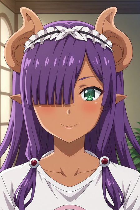 score_9, score_8_up, score_7_up, source anime, prefect lighting, very aesthetic, BREAK, anime coloring, anime screencap,
<lora:piglette_pancetta_v1-pdv6:0.9>, 1girl, piglette pancetta, peter grill to kenja no jikan, green eyes, purple hair, long hair, dark skin, pointy ears, horns, hair over one eye, tail, female orc, demon girl,
t-shirt, 
BREAK, looking at viewer, blush, smile, close-up, 
BREAK,