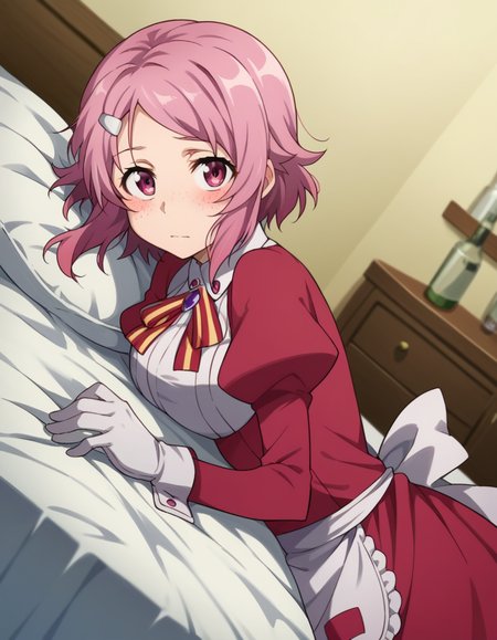 score_9, score_8_up, score_7_up, source_anime,
rikashinozaki, <lora:rika-shinozaki-s1-ponyxl-lora-nochekaiser:1>,
rika shinozaki, short hair, hair ornament, pink hair, hairclip, pink eyes, freckles, parted bangs,
long sleeves, ribbon, neck ribbon, puffy sleeves, juliet sleeves, collar, gemstone, gloves, dress, red dress, frills, apron,
indoors, bed, bed room, on side, blush, drunk,
looking at viewer, cowboy shot, solo, dutch angle,