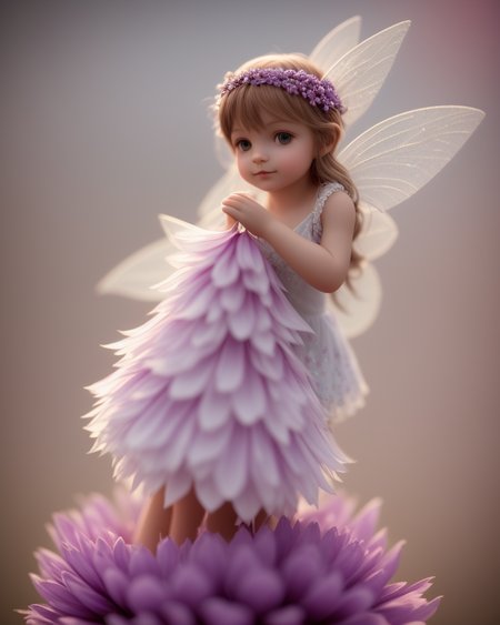 small fairy, plays on large tuberous, tuberous in the background, high angel pov 120mm, macro shot, depth of field, soft front light, glow, HDR, (muted colors:1.2), Canon RF 100mm F2.8L Macro IS USM