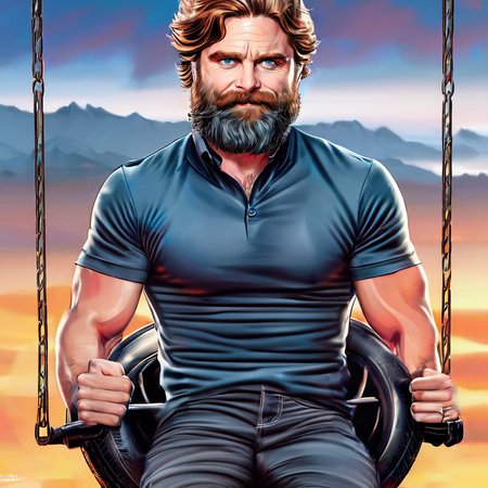 Zack Galifianakis riding on a tire swing 

SCG768-Bliss