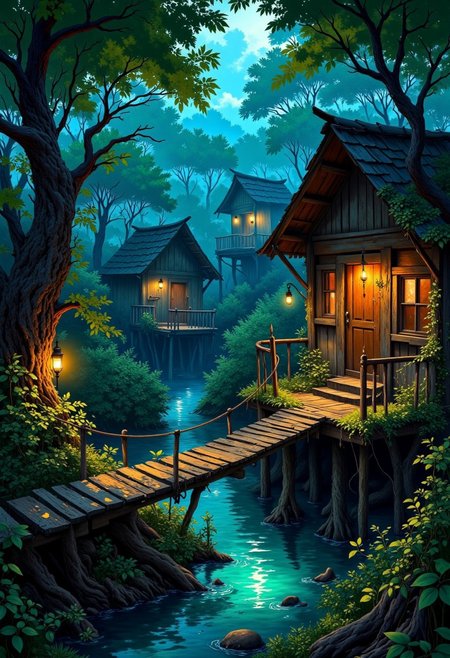 Masterpiece, best quality, ultra-detailed, 8K. Nestled deep within a tangle of weeping willows and mist-choked waterways lies a village. Wooden shacks on stilts lean over black, slow-moving water, their moss-draped roofs sagging under years of damp and decay. Narrow planks and rickety rope bridges crisscross the marsh, slick with algae and treacherous to the unwary. Lanterns flicker behind shuttered windows, casting faint orange halos in the gloom, while strange shapes ripple beneath the water’s surface, seen only in quick glimpses and whispered about over cups of moonshine brewed from who-knows-what.
Highly detailed, soft magical glows, fantasy dreamscape, cinematic lighting, rich murky swamp hues, 8k resolution. DB4RZ, DB4RZ style painting, Anime art