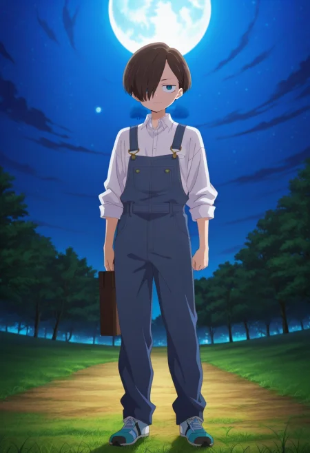 masterpiece, best quality, , anime screencap, anime coloring, official style, , 1boy, solo, male focus, <lora:kyoutarou_ichikawa_ilxl:0.9>, kyoutarou_ichikawa, brown hair, blue eyes, short hair, hair over one eye, bangs, panorama, grass, tree, night, full moon, holding object, skin fang, Overalls, Suit jacket, Athletic shoes, ,