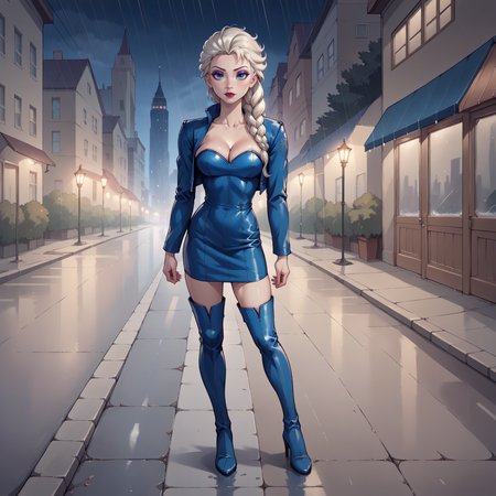 score_9, score_8_up, score_7_up, score_6_up, source_anime, elsa \(frozen\),  full body, woman, curvy, blond hair, makeup, lipstick, portrait, highres, 8k, eyeliner, eyeshadow, hud_blu_lthr, strapless blue leather short dress, blue leather, cropped jacket, cleavage, breasts, thigh boots,  <lora:hud_blu_lthrXLP-000008:0.7>, night, rain, sidewalk, cityscape,