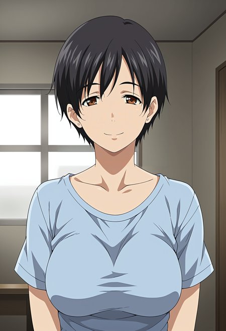 <lora:Chihiro-Houkago_Initiation:0.8>,Chihiro,mature female,1girl,solo,black hair,short hair,brown eyes,breasts,shirt,upper body,looking at viewer,indoors,smile