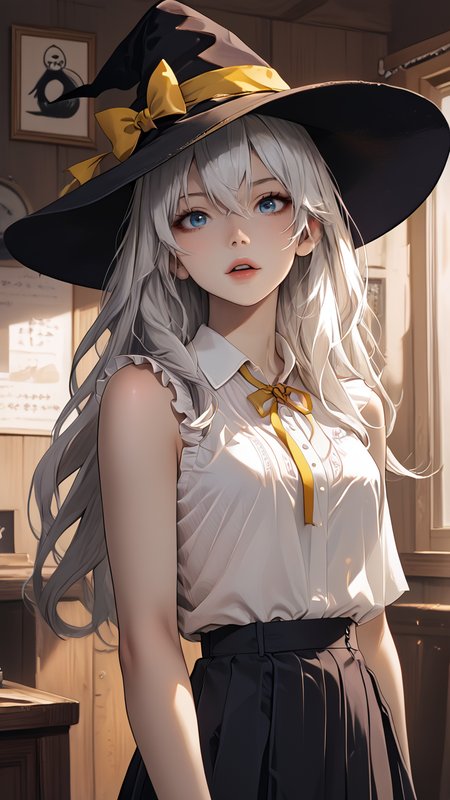 <lora:incase_style_v3-1_ponyxl_ilff:0.5> <lora:add-detail-xl:0.5> <lora:ncpy13 style_a:0.5> <lora:S1_Dramatic_Lighting_v2:0.5> <lora:Watercolor Anime Style LoRA_Pony XL v6:0.5>,detailed_background,indoors,solo,skirt,elaina \(majo no tabitabi\),yellow ribbon,grey hair,shirt,picter,pleated skirt,witch,hat,white hair,open mouth,majo no tabitabi,long hair,hair between eyes,ribbon,sleeveless,witch hat,1girl,blue eyes,sleeveless shirt,white shirt