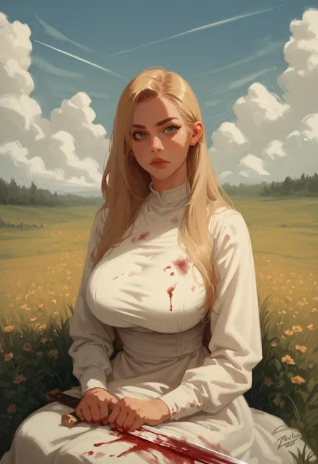 1girl, weapon, dress, long hair, solo, blonde hair, sword, blood on clothes, white dress, blood, looking at viewer, holding, holding weapon, outdoors, holding sword, , long sleeves, , field, sky, cloud, upper body, huge breasts,, expressionless, sitting,, zPDXL3, detailxl,  Score_PnyReal, (lineless:1.5)