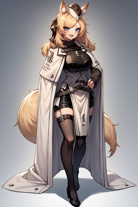 score_9, score_8_up, score_7_up, , rating_general,1girl ,wssd, animal ears, tail, hair ribbon, garrison cap, ribbed sweater, long sleeves, breastplate, white cape, pouch belt, black shorts, pelvic curtain, black thighhighs, high heels, source_anime, smile, :3,  skin fang, open mouth, naughty face, <lora:WhislashPDCAMEv2L AK-000006:1>,