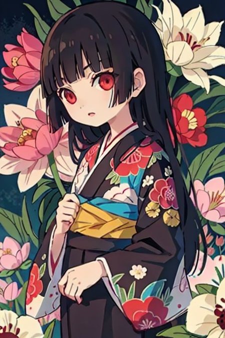 enma ai, hair down, hair black, bangs, eyes red, masterpiece, best quality, ultra-detailed, illustration, 1girl, solo, highres, photorealistic, ultra high res, (Original illustration composition), (fusion of limited color, Maximalism artstyle, kimono obi fashion, double exposure, background, illustration, Amazing, lily spider, night darkness, open one's mouth, finger, flowers red, (polychromatic peony:1.15), Movie poster,