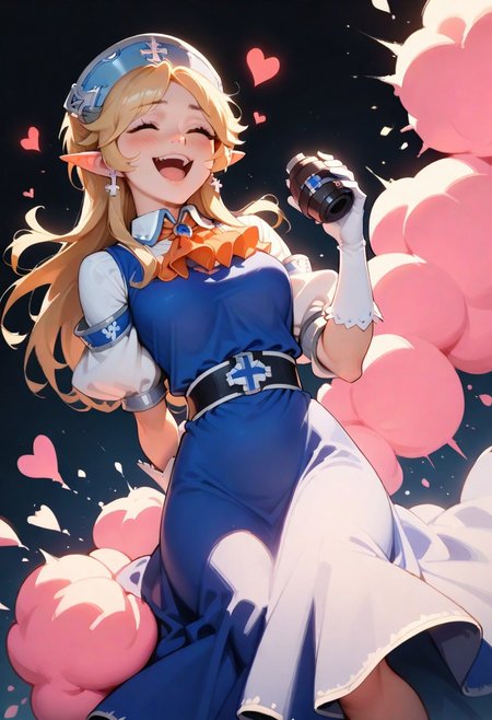 1girl, solo, yukaridef, hat, cross earrings, blue dress, orange ascot, white shirt, white gloves, holding grenade, laughing, leaning back, closed eyes, dark background, pink explosion, heart background, feet out of frame, three quater view, backlightling, masterpiece, best quality, very aesthetic, absurdres
