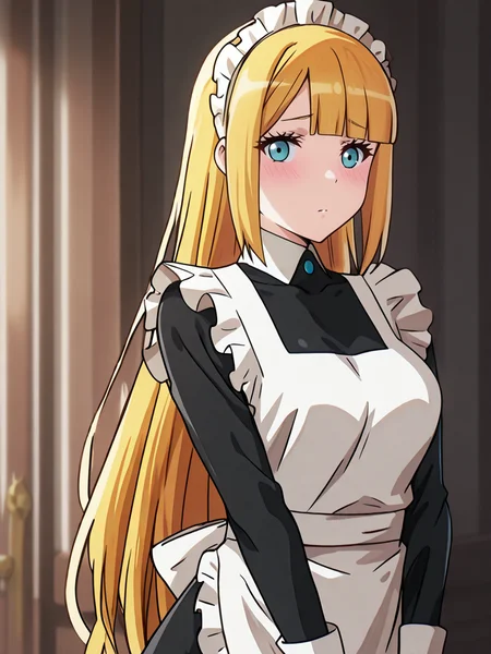 (masterpiece, very aesthetic, absurdres, best quality, high quality, cinematic shadow:1.4), body blush,character focus,perfect hands,medium breasts,sidelocks,  cowboy shot, <lora:HandFixer_pdxl_Incrs_v1:1> handfixer,looking at viewer,<lora:StS-Illustrious-Detail-Slider-v1.0:4>, ,,  <lora:eyelashext_v10:1>,  <lora:tuareninya:1>, tuareninya,long blonde hair,straight hair,bangs,blunt bangs,blue eyes, tuareninyamaid,maid,maid headdress,frilled white maid apron,frills,black long sleeves dress, covered collarbone
