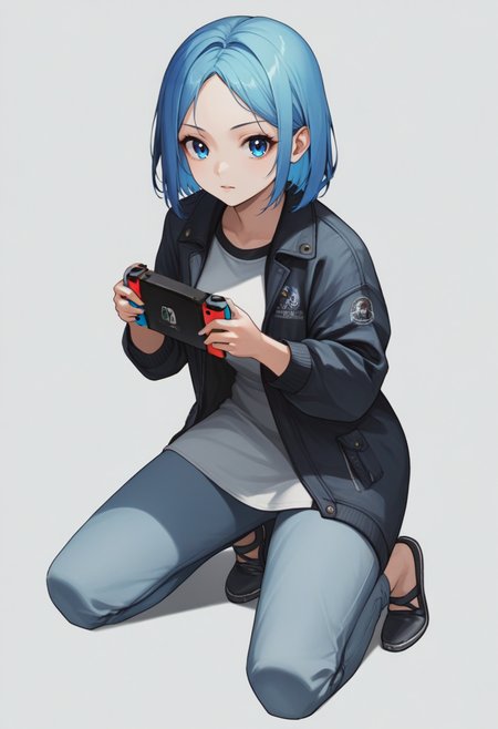 score_9, score_8_up, score_7_up, source_anime BREAK 1girl, solo, simple background, white background, 
<lora:nikke-style-poses-richy-v1_pdxl:1> nikkecrouching, full body, kneeling, looking at viewer, nintendo switch, holding controller, blue hair, blue eyes, dress, pants, jacket