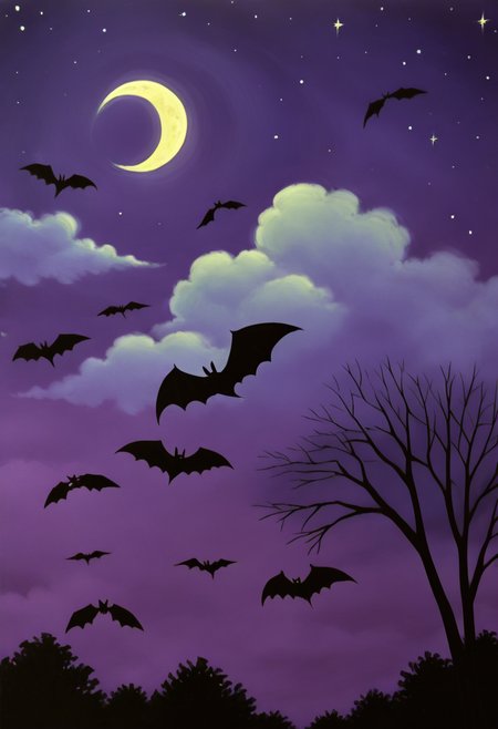 <lora:StylizedNightscape_IXL:1.0>,   N1ght, sky, cloud, tree, moon, cloudy sky, star (sky), flying, bat (animal), crescent moon