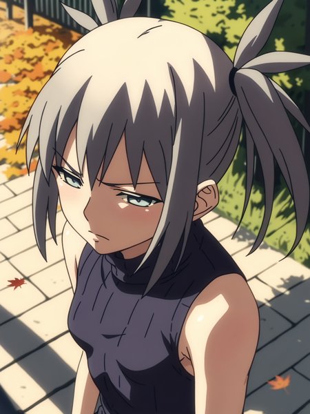 <lora:happy_tentacle-oboro-v0.3-000020:0.9>, (ht_oboro:1.2), grey hair, small breasts , upper body, 1girl, solo focus,(annoyed:1), outdoors, autumn, sleeveless shirt, turtleneck sweater , backlighting, depth of field, from above, (petite:1.2), score_9, score_8_up, score_7_up, score_6_up, score_5_up, score_4_up,
