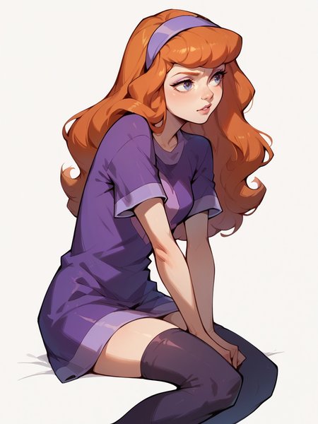 score_9, score_8_up, score_7_up, score_6_up, score_5_up,   <lora:DaphneBlakeXLP:0.6> daphne blake, 1girl, solo, hairband, long hair, orange hair, t-shirt, black thighhighs, white background,